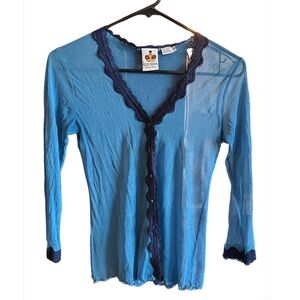 Blue Sheer Lace Trim Top